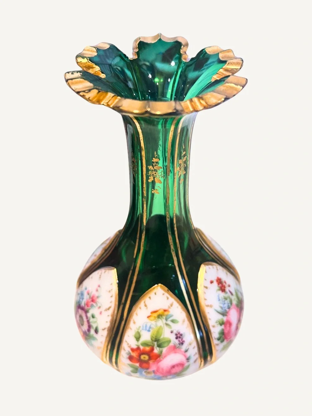 Antique Emerald-Green Bohemian Vase/Decanter with Hand-Painted Floral Cartouches - Picture 9 of 10
